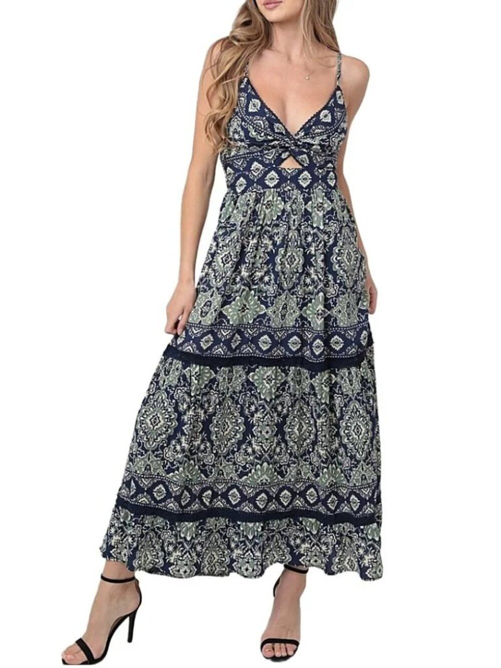 Angie Maxi Dress Twist Front Cutout Boho Navy & Green Women's Size: Medium
